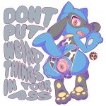 1:1 absurd_res anal_prolapse animal_print anthro anus blue_body blue_fur bodily_fluids butt clothed clothing cow_print crying digital_media_(artwork) easy_access english_text fur generation_4_pokemon genitals hi_res kneeling legwear lingerie looking_at_viewer looking_back looking_back_at_viewer male nintendo open_mouth pawpads paws penetration pokemon pokemon_(species) presenting presenting_anus presenting_hindquarters prolapse rear_view riolu scared sharalythesheep simple_background solo tail tears text thick_thighs thigh_highs topwear underwear white_background