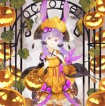  animal_ears basket bracelet bunny_ears coat dress gate hair_ornament hair_rings halloween halloween_costume hat jewelry long_hair long_sleeves looking_at_viewer low_twintails open_clothes open_coat open_mouth purple_eyes purple_hair shihou_(g-o-s) smile solo stuffed_animal stuffed_bunny stuffed_toy thighhighs twintails vocaloid voiceroid yellow_dress yellow_legwear yuzuki_yukari zettai_ryouiki 
