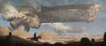  1boy absurdres blue_sky cactus cloud commentary cowboy desert dust english_commentary felixriano from_side grass highres horseback_riding landscape mountainous_horizon original outdoors riding scenery sky smoke spacecraft 