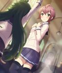  2girls ahoge arch arm_up black_thighhighs blazer blue_sailor_collar blue_skirt blush breasts closed_mouth day dutch_angle fujimaki_minaki game_cg green_eyes green_hair hallway hands_up hanging_light indoors jacket lens_flare long_hair long_sleeves looking_at_viewer multiple_girls nagasaki_sumi official_art purple_hair renpu_girls_school_uniform sailor_collar school_uniform short_hair skirt small_breasts thighhighs third-party_source toji_no_miko toji_no_miko:_kizamishi_issen_no_tomoshibi white_jacket window zettai_ryouiki 