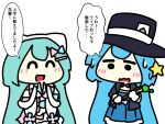  2girls :d ^_^ aqua_hair black_hat black_jacket black_outline blue_dress blue_hair blush closed_eyes commentary dress dual_persona flat_color gloves hat hatsune_miku holding holding_wand jacket japanese_clothes kimono magical_mirai_(vocaloid) magical_mirai_miku magical_mirai_miku_(2013) magical_mirai_miku_(2020_winter) multiple_girls no_nose outline smile solid_circle_eyes sweat tako_toi translated vocaloid wand white_background white_gloves 