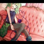  boots breasts colored_eyelashes couch curtains floral_print green_eyes green_footwear green_hair karua_m komeiji_koishi lingerie long_hair looking_at_viewer negligee open_mouth pantyhose perspective see-through skirt skirt_pull small_breasts smile solo third_eye touhou underwear unzipped 