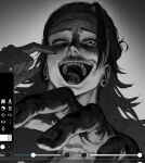  1boy bh20647 ear_piercing foreshortening getou_suguru getou_suguru_(kenjaku) greyscale hair_bun hair_pulled_back hand_up highres jujutsu_kaisen laughing long_hair looking_at_viewer male_focus monochrome one_eye_closed open_mouth piercing plug_(piercing) reaching reaching_towards_viewer single_bang solo stitched_forehead stitches tears tongue user_interface wiping_tears 