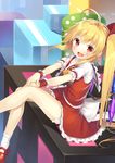  ahoge blonde_hair blush commentary_request cosplay crossed_legs dress fang flandre_scarlet frills gurasion_(gurasion) hair_ribbon long_hair looking_at_viewer open_mouth red_eyes ribbon side_ponytail sitting skirt smile solo touhou 