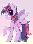 3:4 equid equine female feral friendship_is_magic hasbro hi_res hooves horn looking_at_viewer mammal my_little_pony mythological_creature mythological_equine mythology raised_hoof simple_background smile solo sparkles twilight_sparkle_(mlp) winged_unicorn wings zokkili