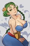  bad_id bad_tumblr_id bare_shoulders between_legs braid breasts cleavage double_bun earrings green_eyes green_hair hair_ornament hand_between_legs harvest_goddess harvest_moon highres jewelry large_breasts one_eye_closed solo splashbrush star star_hair_ornament vambraces 