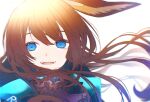  1girl amiya_(arknights) animal_ears arknights blue_eyes brown_hair commentary_request highres hk_nnm long_hair looking_at_viewer open_mouth rabbit_ears rabbit_girl smile solo white_background 