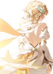  1girl absurdres back backless_dress backless_outfit bare_back bare_shoulders blonde_hair closed_mouth detached_sleeves dress flower from_behind genshin_impact hashtag-only_commentary highres looking_ahead lumine_(as_heaven_and_earth_are_made_anew)_(genshin_impact) lumine_(genshin_impact) minzu_u official_alternate_costume scarf short_hair_with_long_locks simple_background solo white_background white_dress white_flower white_scarf white_sleeves yellow_eyes 