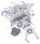  1girl abyssal_ship black_hair blue_eyes breast_pocket breasts colored_skin commentary_request enemy_lifebuoy_(kancolle) escort_water_princess full_body hair_between_eyes kantai_collection large_breasts long_hair multicolored_hair open_mouth oso_(toolate) pale_skin pocket simple_background thighhighs translation_request twintails twitter_username white_background white_hair white_skin 