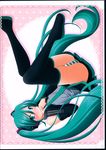  black_legwear blue_eyes detached_sleeves green_hair green_neckwear hair_ornament hatsune_miku highres long_hair looking_at_viewer necktie panties pleated_skirt sin-go skirt solo striped striped_panties thighhighs twintails underwear very_long_hair vocaloid 