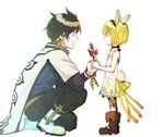  age_difference black_choker blonde_hair blue_eyes blush boots brown_hair choker edna_(tales) flower hairband ribbon short_hair side_ponytail smile sorey_(tales) tales_of_(series) tales_of_zestiria yuusa-y 