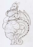  2012 anthro anthrofied belly big_belly big_butt butt cageofmirrors_(artist) crossed_arms dragon dragon_(shrek) female fin half-closed_eyes huge_butt looking_at_viewer monochrome nude obese overweight raised_tail rear_view scales scalie shrek_(series) simple_background sketch smile solo spikes traditional_media_(artwork) white_background wide_hips wings 