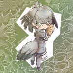 1girl back bird_girl bird_tail bird_wings blonde_hair feathered_wings full_body grey_hair head_wings kemono_friends long_hair looking_at_viewer looking_back multicolored_hair pantyhose shirabaki shirt shoebill_(kemono_friends) shoes shorts simple_background solo tail two-tone_hair wings yellow_eyes 
