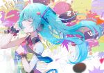  1girl alt_text aqua_hair black_necktie blurry closed_eyes collared_shirt commentary_request depth_of_field hatsune_miku headset highres long_hair multicolored_shirt namamake necktie open_mouth shirt solo speech_bubble speech_bubble_hair_ornament tell_your_world_(vocaloid) triangle twintails u_u vocaloid 