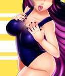  breasts cleavage head_out_of_frame heart highres jassycoco large_breasts long_hair multicolored_hair one-piece_swimsuit panty_&amp;_stocking_with_garterbelt pink_hair purple_hair solo stocking_(psg) swimsuit tongue tongue_out 
