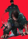  2boys absurdres all_fours arm_tattoo black_hair character_request crawling crazy_grin cross_pendant drugs from_below full_body furrowed_brow green_track_suit green_trim highres male_focus motion_lines multiple_boys nam-gyu numbered shirt short_hair squid_game sweatdrop takkeoveri tattoo thanos_(squid_game) throwing track_suit white_shirt 