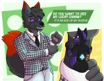  ace_of_spades anthro blush canid canine canis cosmic_hair duo english_text ethereal_hair fox fur hidden kitsunaki male male/male mammal mark_teh_fox_(foxinator273) micro neonfragment purple_body purple_fur shrunk size_difference sleeves smug text wolf 