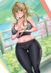  bare_arms black_pants black_sports_bra blue_sky blush breasts brick_(atelier_brick) brown_hair cherry_tree closed_mouth collarbone commentary_request commission curvy day fang fence green_eyes hair_bobbles hair_ornament highres inuyama_aoi large_breasts long_hair looking_at_viewer navel outdoors pants pixiv_commission sidelocks skin_fang sky smile sports_bra sportswear stomach sweat thick_eyebrows thigh_gap thighs tree watch wristwatch yurucamp 