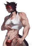  1boy animal_ear_piercing animal_ears black_choker black_hair bulge choker clothes_lift commentary dog_boy dog_ears dog_tail dukesue_art english_commentary highres komano_manato male_focus multicolored_hair muscular muscular_male pubic_hair red_eyes red_hair red_thong scar scar_on_chest scar_on_face shirt shirt_lift solo tail thong white_shirt zenless_zone_zero 