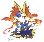 2025 3_fingers accessory ambiguous_gender anthro arm_tuft black_body black_fur blue_bow bow_ribbon braixen canid canine cheek_tuft chest_tuft clothing cute_fangs facial_tuft fangs fingers fire flower flower_in_hair fur generation_6_pokemon hair hair_accessory inner_ear_fluff mammal nintendo open_mouth open_smile orange_body orange_eyes orange_fur orange_nose plant pokemon pokemon_(species) sen63 shoulder_tuft signature simple_background smile solo stick teeth tuft upper_body white_background white_body white_fur yellow_body yellow_fur