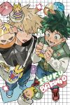  2boys all_might arms_up badge bag bakugou_katsuki black_jacket blonde_hair blue_pants blue_shoes boku_no_hero_academia button_badge character_figure character_name chinese_commentary commentary_request denim fanga0909 freckles green_eyes green_hair green_jacket grid_background highres holding holding_toy jacket jeans long_sleeves looking_at_object looking_down lower_teeth_only male_focus midoriya_izuku multiple_boys open_mouth pants red_eyes red_shoes sanpaku shoes short_hair shoulder_bag sleeveless sleeveless_jacket smile sneakers teeth tongue tongue_out toy white_bag zipper_pull_tab 