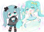  2girls aqua_eyes aqua_hair aqua_pupils aqua_shoes batsu_miku black_jacket black_shoes black_skirt bow catrin459 chibi chibi_only commentary_request dress dual_persona eighth_note full_body glowing hair_bow hatsune_miku hiramado_miku jacket kowareta_sekai_to_utaenai_miku long_hair looking_at_viewer multiple_girls musical_note pleated_skirt project_sekai shoes skirt spoilers thighhighs triangle twintails very_long_hair vocaloid white_bow white_thighhighs 