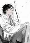  1boy alternate_costume black_hair closed_mouth commentary_request grey_pants hand_on_own_face highres hood hoodie kichigo_1218 light_smile looking_at_viewer male_focus matoba_seiji natsume_yuujinchou pants petals pink_petals red_eyes short_hair sitting solo white_background white_hoodie 