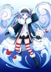  1girl 1other :3 animal aqua_eyes aqua_hair arm_up binoculars black_coat black_gloves black_necktie black_shorts blush closed_mouth coat collared_shirt commentary_request crab fish fur-trimmed_coat fur-trimmed_sleeves fur_trim gloves gradient_hair hair_between_eyes hair_ornament hair_ribbon hat hatsune_miku highres holding holding_binoculars jacket long_hair long_sleeves looking_at_viewer multicolored_hair necktie official_alternate_costume official_alternate_hairstyle open_mouth peaked_cap rabbit rabbit_yukine red_ribbon red_shirt ribbon sahomiori sailor_hat shirt short_shorts shorts solo striped_clothes striped_thighhighs thighhighs twintails very_long_hair vocaloid white_hair white_jacket yuki_miku yuki_miku_(2022) zettai_ryouiki 