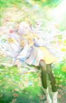  1girl absurdres black_pantyhose boots commentary_request dress field flower flower_field hair_flower hair_ornament hair_over_one_eye hair_spread_out highres isekaijoucho juejianyami kamitsubaki_studio long_hair lying on_back open_mouth outdoors pantyhose smile solo sunlight very_long_hair white_eyes white_hair 