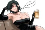  alcohol beer_mug black_choker black_dress black_gloves black_hair blush breasts chainsaw_man choker cleavage collarbone commentary couch cup dress elbow_gloves elbow_rest english_commentary english_text eyepatch foam gloves green_eyes head_rest highres himeno_(chainsaw_man) holding holding_cup huge_breasts looking_at_viewer mug on_couch one_eye_covered parted_lips shisoa short_hair simple_background sitting speech_bubble strapless strapless_dress teeth upper_body white_background 