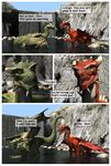  3d bridge cgi claws comic dialogue digital_media_(artwork) dragon duo english_text erection feral green_body green_eyes hi_res horn male male/male penis red_body scales scalie slit_pupils spikes text tongue tree water western_dragon wings wooky yellow_eyes 