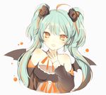  ahoge bad_id bad_tumblr_id bat_wings black_flower blue_hair breasts cleavage earrings flower hair_flower hair_ornament halloween hatsune_miku jewelry long_hair lpip open_mouth orange_eyes see-through small_breasts solo twintails vocaloid white_background wings 