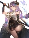  aos bare_shoulders black_gloves blue_eyes demon_horns draph elbow_gloves gloves granblue_fantasy hair_over_one_eye horns lavender_hair narmaya_(granblue_fantasy) pointy_ears simple_background single_thighhigh solo thighhighs weapon white_background 