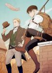  2boys aircraft alternate_universe arm_belt arm_up black_boots black_coat black_hair black_pants blonde_hair blue_eyes boots brown_vest chimney closed_mouth coat collared_coat commentary_request crossed_legs dagger dirigible erwin_smith green_vest grey_pants gun hand_on_own_hip hat highres holding holding_gun holding_weapon holster holstered ikichi8tkjn knife lapels levi_(shingeki_no_kyojin) long_sleeves male_focus multiple_boys outdoors pants rooftop shingeki_no_kyojin shirt sitting smile standing thigh_holster unworn_hat unworn_headwear vest weapon white_shirt 