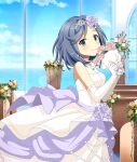  1girl aoto_hina blue_eyes blue_hair blue_sky blush bouquet bow breasts cleavage closed_mouth cloud day dot_nose dress earrings elbow_gloves flower from_side game_cg gloves hair_flower hair_ornament holding holding_bouquet horizon indoors ivy jewelry lens_flare looking_at_viewer looking_to_the_side ocean official_art pew pink_flower pink_rose plant potted_plant purple_bow purple_flower purple_rose reflection rose see-through_cleavage see-through_clothes short_hair sky sleeveless sleeveless_dress small_breasts smile solo string_of_pearls third-party_source toji_no_miko toji_no_miko:_kizamishi_issen_no_tomoshibi vase wedding_dress white_dress white_gloves window 