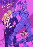  2boys 3girls :3 abs akemi_(jojo) angry arm_around_shoulder arms_up belt black_hair blonde_hair blue_skin blush character_name colored_skin commentary_request diamond_wa_kudakenai disembodied_foot dress facial_tattoo feet fungami_yuya gakuran hair_slicked_back hand_in_pocket happy headband highway_star_(stand) jojo_no_kimyou_na_bouken long_sleeves medium_hair multiple_boys multiple_girls necktie no_pupils o_o open_mouth pink_background pink_dress pink_necktie purple_hair reiko_(jojo) school_uniform short_hair sleeveless sleeveless_dress solid_circle_eyes squiggle stand_(jojo) star_(symbol) star_tattoo tamuhime tattoo teeth triangle_mouth v-shaped_eyebrows white_belt yellow_eyes yoshie_(jojo) 