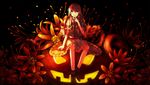  bangs black_background black_vest blonde_hair blue_eyes braid collared_shirt commentary_request dead_line finger_to_mouth flower food fruit hair_over_shoulder halloween highres jack-o'-lantern kirisame_marisa legs light light_particles long_hair long_sleeves looking_at_viewer md5_mismatch mini-hakkero no_hat no_headwear orange_(color) ribbon shirt single_braid sitting skirt smile solo spider_lily touhou vest white_shirt 
