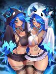  2girls absurdres animal_ears asymmetrical_docking black_bra black_skirt blue_eyes blue_hair blue_streaks bra breast_press breasts cleavage closed_mouth commentary dual_persona english_commentary fishnet_thighhighs fishnets ghost_costume hair_over_one_eye highres indie_virtual_youtuber jirafuru large_breasts looking_at_viewer multicolored_hair multiple_girls open_mouth skirt sleeves_past_fingers sleeves_past_wrists solo spite_(vtuber) streaked_hair thighhighs tongue tongue_out underwear virtual_youtuber white_bra white_skirt wolf_ears wolf_girl 