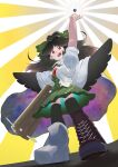  1girl arm_cannon black_hair black_sun black_wings breasts cape commentary_request control_rod_(touhou) green_skirt highres medium_breasts puffy_sleeves red_eyes reiuji_utsuho rn_(sbr2933090) skirt sun third_eye touhou weapon wings 