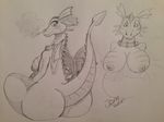  2015 anthro anthrofied areola belly big_belly big_breasts big_butt breasts butt collar dragon dragon_(shrek) english_text female fin horn jaynatorburudragon looking_at_viewer monochrome nipples nude raised_tail scalie shrek_(series) sitting sketch slit_pupils smoke solo spikes text traditional_media_(artwork) wings 