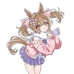  +_+ 1girl animal_ears bin_ze_u blush bow bowtie brown_eyes brown_hair cardigan collared_shirt hair_between_eyes hair_bow highres horse_ears horse_girl horse_tail long_hair looking_at_viewer multiple_hair_bows pink_bow pink_cardigan pleated_skirt purple_bow purple_bowtie purple_skirt scarf shirt simple_background skirt smart_falcon_(umamusume) solo tail twintails umamusume white_background white_scarf white_shirt white_skirt 