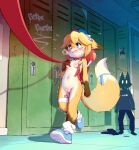  1girl 1other aas_(pixiv_3382255) animal_ears animal_nose backpack bag belt_collar blue_eyes blue_hat blue_ribbon blue_shoes blush body_fur breasts breath brown_fur collar commentary english_commentary fang flute fox_ears fox_girl fox_tail furry furry_female graffiti hair_between_eyes hand_up hat highres indoors instrument leash locker loose_socks medium_hair miu_(aas) multicolored_fur navel nipples nude open_mouth orange_fur orange_hair original paw_print_soles public_indecency pussy randoseru recorder red_bag red_collar red_leash remote_control_vibrator ribbon school school_bag sex_toy shoes sidelocks signature skin_fang small_breasts socks sweat tail tail_ornament tail_raised tail_ribbon tears thigh_strap trembling uncensored vibrator vibrator_in_thigh_strap walking wavy_mouth white_fur white_socks ych_commission 