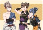  2boys alternate_hairstyle black_hair breastplate brown_hair fire_emblem fire_emblem_if gauntlets hair_bun hinata_(fire_emblem_if) minato_(robin) multiple_boys oboro_(fire_emblem_if) ponytail red_eyes scar takumi_(fire_emblem_if) 