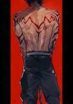  1boy arm_tattoo back back_muscles back_tattoo black_pants blood bluesky_username chain commentary_request feet_out_of_frame forbartz_xylo from_behind highres injury male_focus ogata_tomio pants pillarboxed red_background standing tattoo topless_male twitter_username yuushakei_ni_shosu 