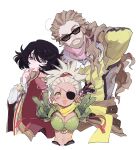  1girl 2boys absurdres arm_behind_head beard belt black_hair bra breasts brown_belt brown_hair commentary_request cropped_torso double_v eyepatch facial_hair fur-trimmed_jacket fur_trim gall_gruner gloves green_bra green_gloves grey_eyes hair_ornament hand_on_own_chin head_tilt highres in-franchise_crossover jacket kongwai_tao long_hair long_sleeves medium_breasts multiple_boys nancykittyu open_mouth ponytail purple_scarf qq_selesneva revealing_clothes robe scarf short_hair simple_background smile sparkle stroking_own_chin sunglasses tales_of_(series) tales_of_hearts tales_of_hearts_r tales_of_innocence tales_of_innocence_r underwear v white_background white_hair yellow_eyes yellow_jacket yellow_scarf 