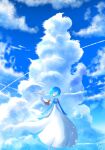  1other alternate_color blue_sky chimecho closed_eyes cloud colored_skin commentary_request gardevoir highres multicolored_skin natu_a0z0ra parted_lips pokemon pokemon_(creature) pokemon_focus shiny_pokemon sky smile two-tone_skin white_skin 