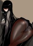  arched_back ass bangs beige_background black_hair black_legwear blush breasts character_request closed_mouth glasses gloves hair_over_eyes highres large_breasts long_hair looking_at_viewer panties pantyhose sangyou_haikibutsu_(turnamoonright) simple_background solo underwear 