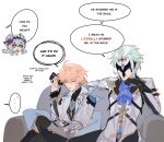  1girl aether_(as_heaven_and_earth_are_made_anew)_(genshin_impact) aether_(genshin_impact) blonde_hair commentary couch dottore_(genshin_impact) english_commentary eudaemi eye_mask genshin_impact gloves green_hair highres long_sleeves mask multicolored_gloves on_couch partially_fingerless_gloves polka_dot sitting speech_bubble white_background yellow_eyes yumemizuki_mizuki 