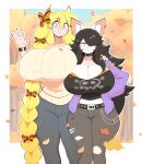 2025 accessory anthro autumn autumn_leaves belt belt_buckle big_breasts black_clothing black_hair black_topwear blonde_hair blush blush_stickers bottomwear bow_ribbon bra bra_peek breast_squish breasts breasts_together buckle canid canine canis cassie_torbjornson cleavage closed_smile clothed clothing collar collarbone day digital_drawing_(artwork) digital_media_(artwork) domestic_dog duo eyebrow_through_hair eyebrows female gesture grey_bottomwear grey_clothing grey_pants hair hair_accessory hair_bow hair_over_eye hair_ribbon hand_on_shoulder hi_res huge_breasts human inner_ear_fluff jacket leaf long_hair looking_at_viewer maggie_applebee mammal mouth_closed one_eye_obstructed open_mouth open_smile orange_bra orange_clothing orange_underwear outside pants plant purple_clothing purple_jacket purple_topwear ribbons skull_and_crossbones sky smile spiked_collar spikes squish sweater theycallhimcake topwear torn_bottomwear torn_clothing torn_pants torn_topwear translucent translucent_hair tree tuft underwear waving waving_at_viewer