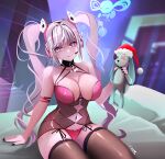  1girl alice_(nikke) animal_ears bare_shoulders bodycon breasts cleavage clothing_cutout commentary dress english_commentary fake_animal_ears goddess_of_victory:_nikke headphones headset highres large_breasts latex latex_dress long_hair looking_at_viewer micro_panties microdress navel_cutout original panties pink_eyes pink_hair reneg30 shiny_clothes short_dress skin_tight smile solo stuffed_animal stuffed_rabbit stuffed_toy thighhighs tight_clothes tight_dress twintails underwear 